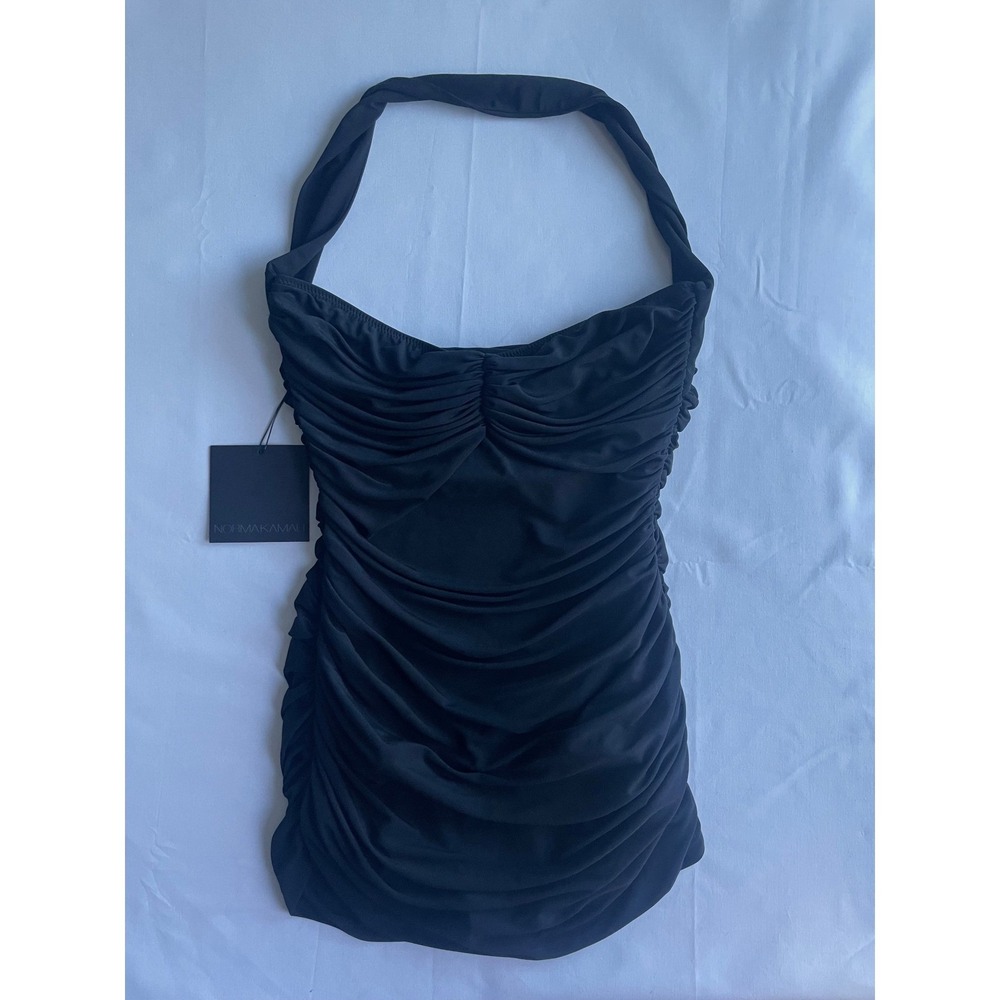 NWT Norma Kamali Black Halter Ruched One-Piece Swimsuit (Mislabeled Tag) -Large